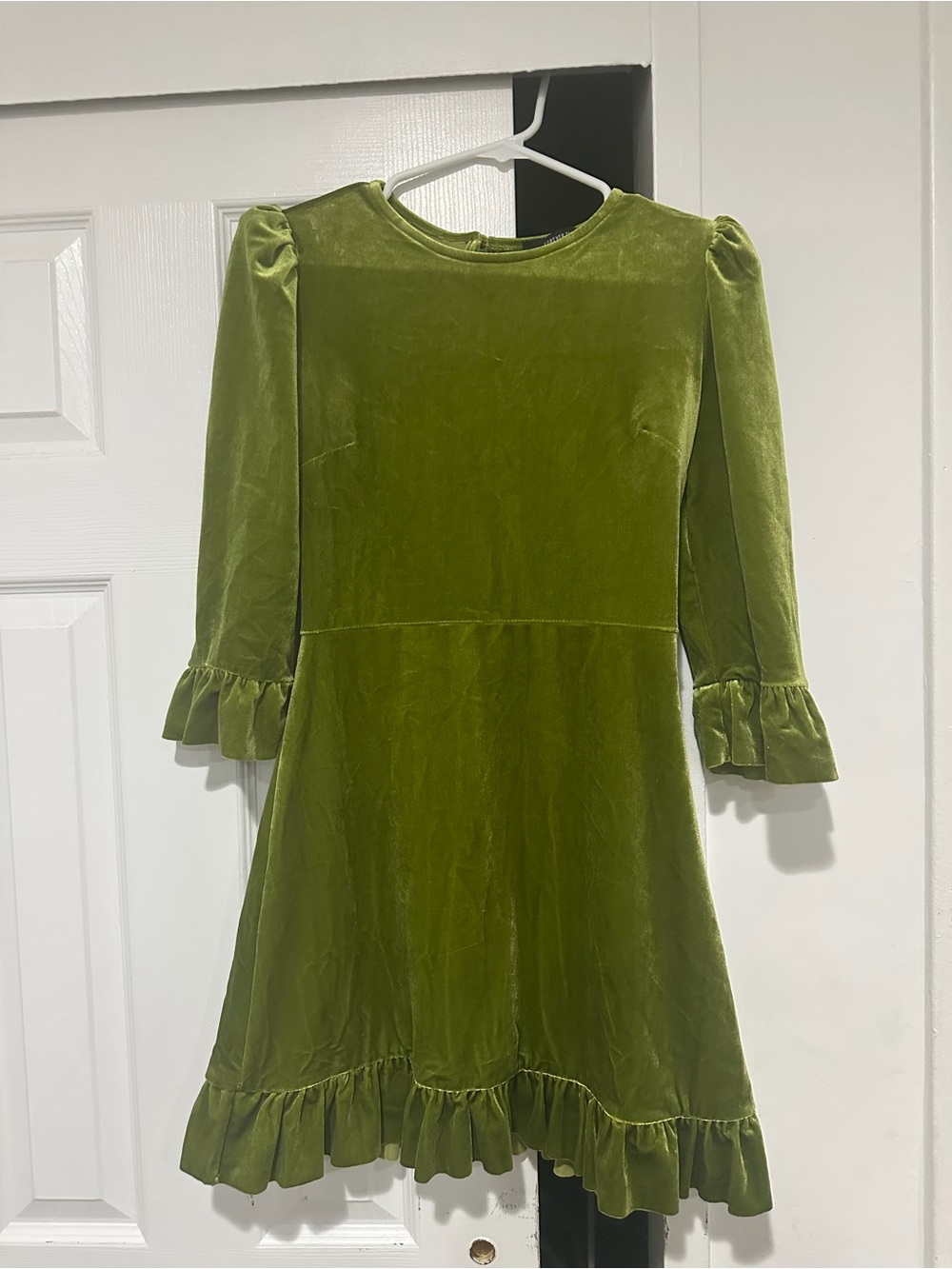 Velvet Ruffle Hem Lime Green Dress